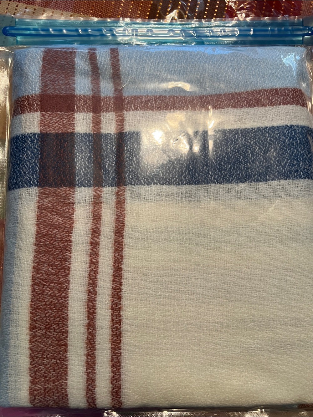 Cream Plaid Scarf with Blue and Brown Stripes